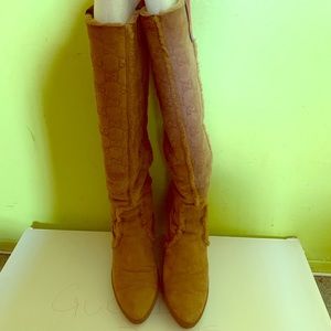 Gucci Signature Embossed Tall Shearling Wedge Boot